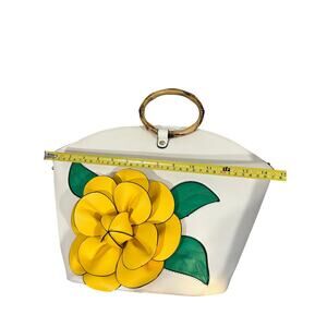White Tote Bag with Yellow 3D Flower & Bamboo Handles